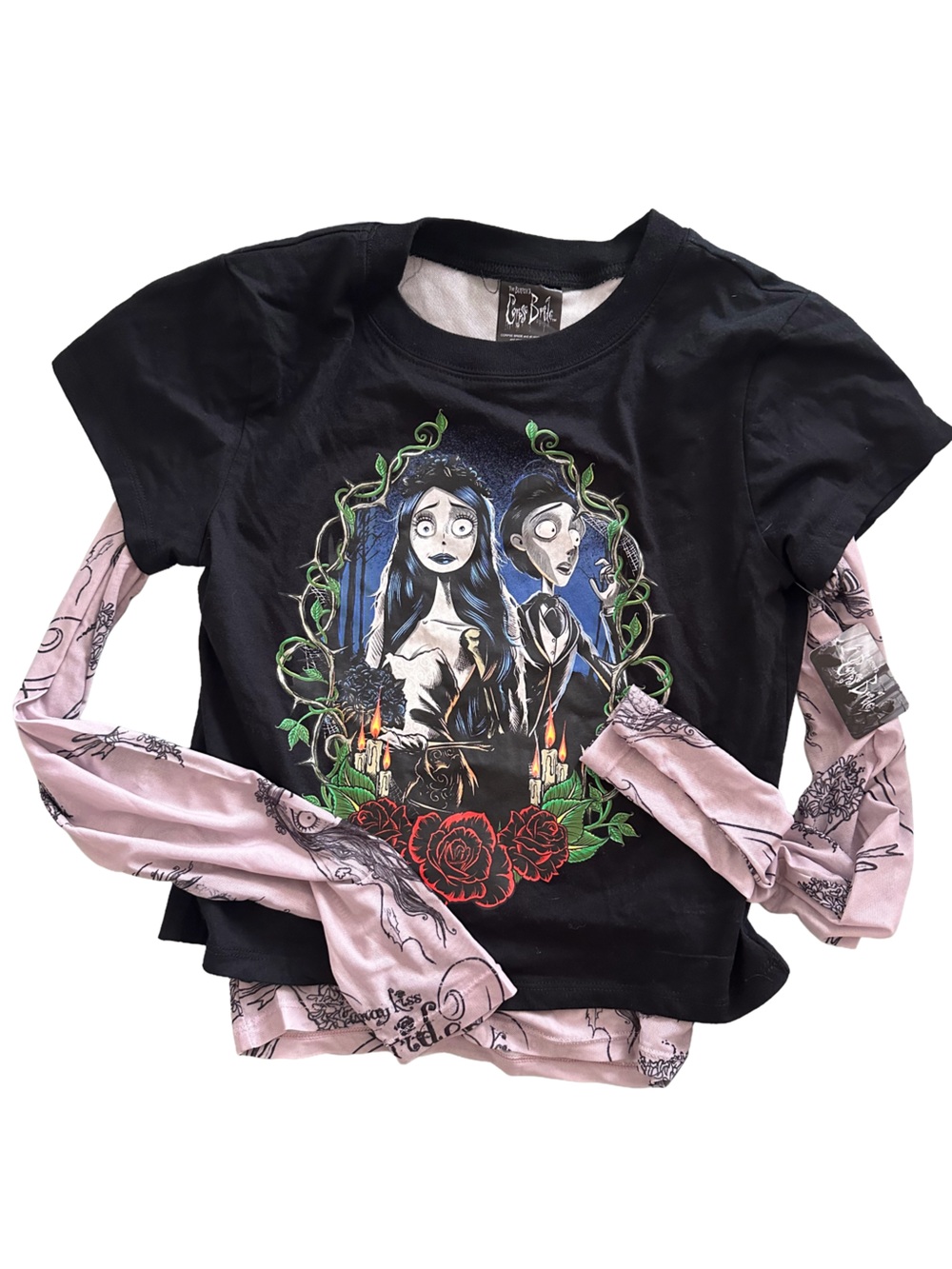 Tim Burton - The Corpse Bride Black Tee with Sheer Pink Long sleeves NWT